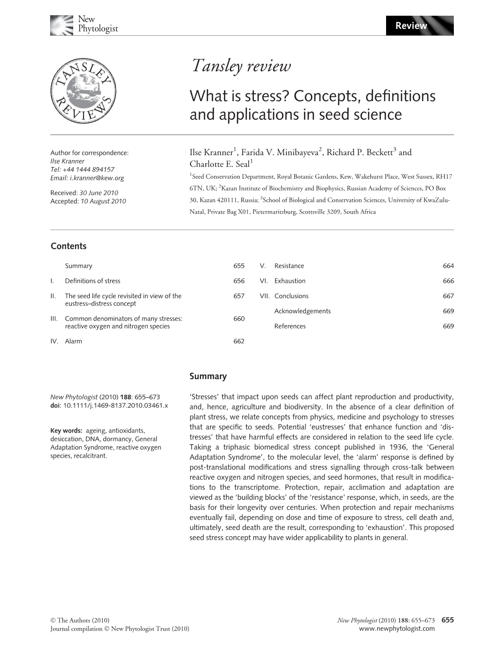 What Is Stress? Concepts, Definitions and Applications in Seed Science