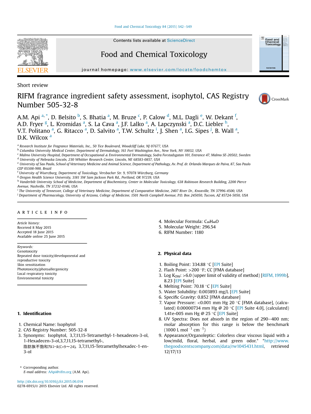 RIFM Fragrance Ingredient Safety Assessment, Isophytol, CAS Registry Number 505-32-8