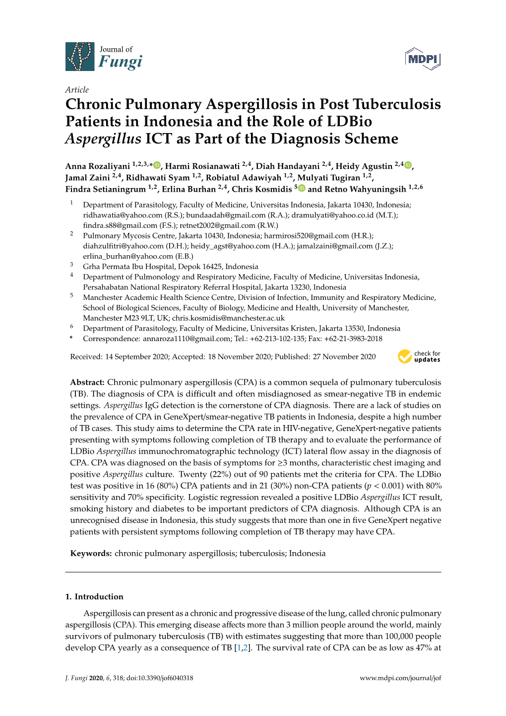 Chronic Pulmonary Aspergillosis in Post Tuberculosis Patients in Indonesia and the Role of Ldbio Aspergillus ICT As Part of the Diagnosis Scheme