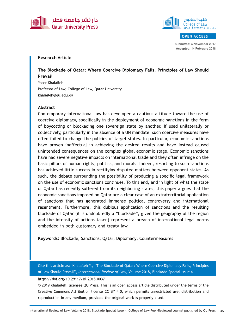 45 Research Article the Blockade of Qatar: Where Coercive Diplomacy