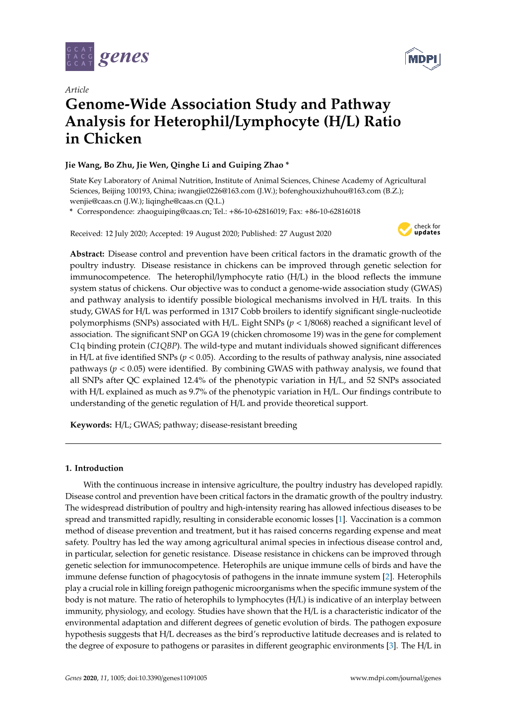 Genome-Wide Association Study and Pathway Analysis for Heterophil/Lymphocyte (H/L) Ratio in Chicken