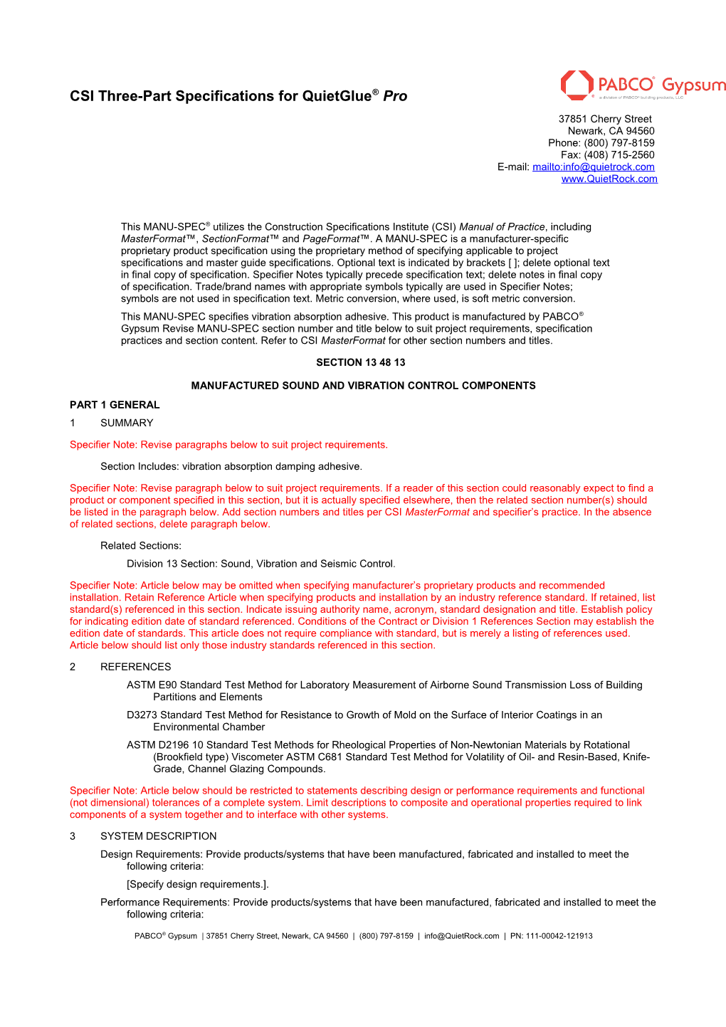 CSI Three-Part Specifications for Quietglue Pro