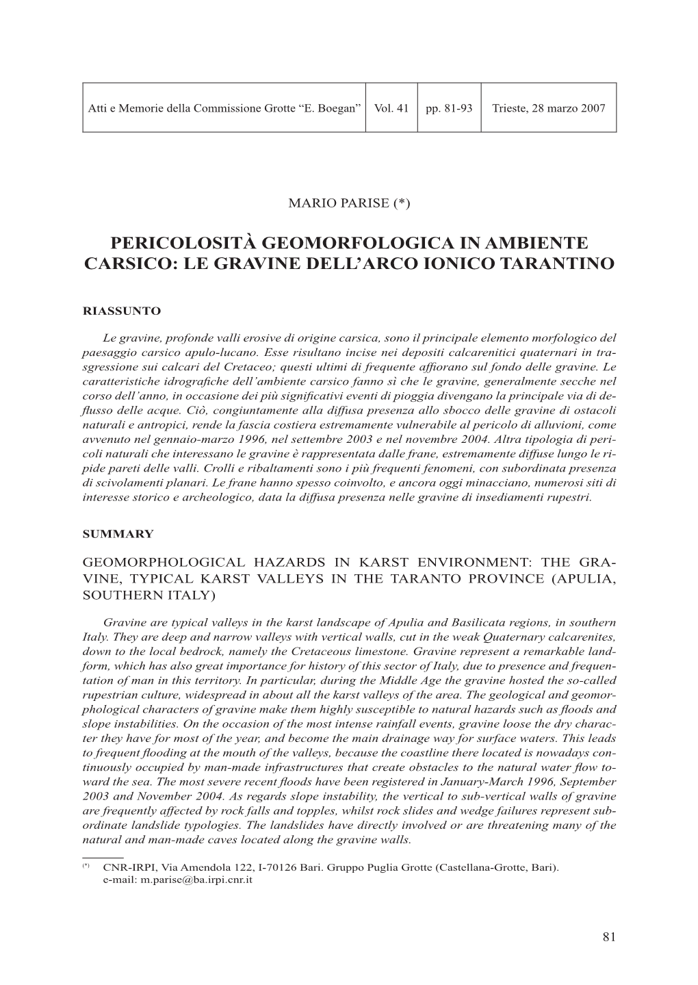 Pericolosità Geomorfologica in Ambiente Carsico: Le Gravine Dell’Arco Ionico Tarantino