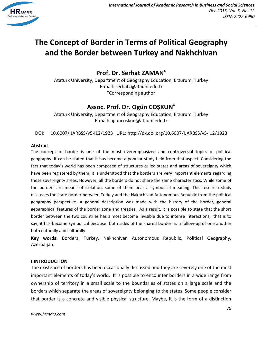 The Concept of Border in Terms of Political Geography and the Border Between Turkey and Nakhchivan