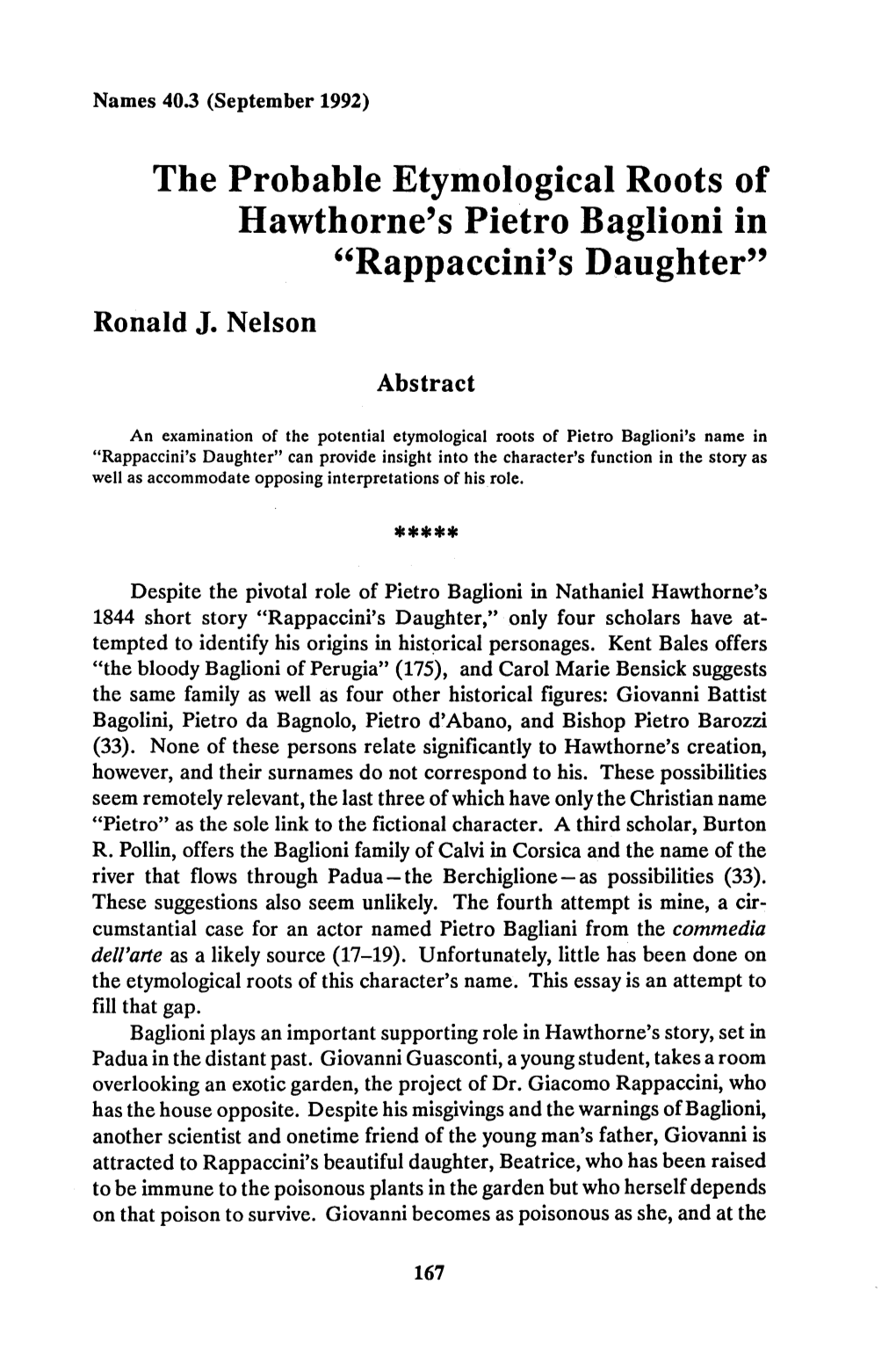 The Probable Etymological Roots of Hawthorne's Pietro Baglioni in Â•Œrappaccini's Daughterâ•Š