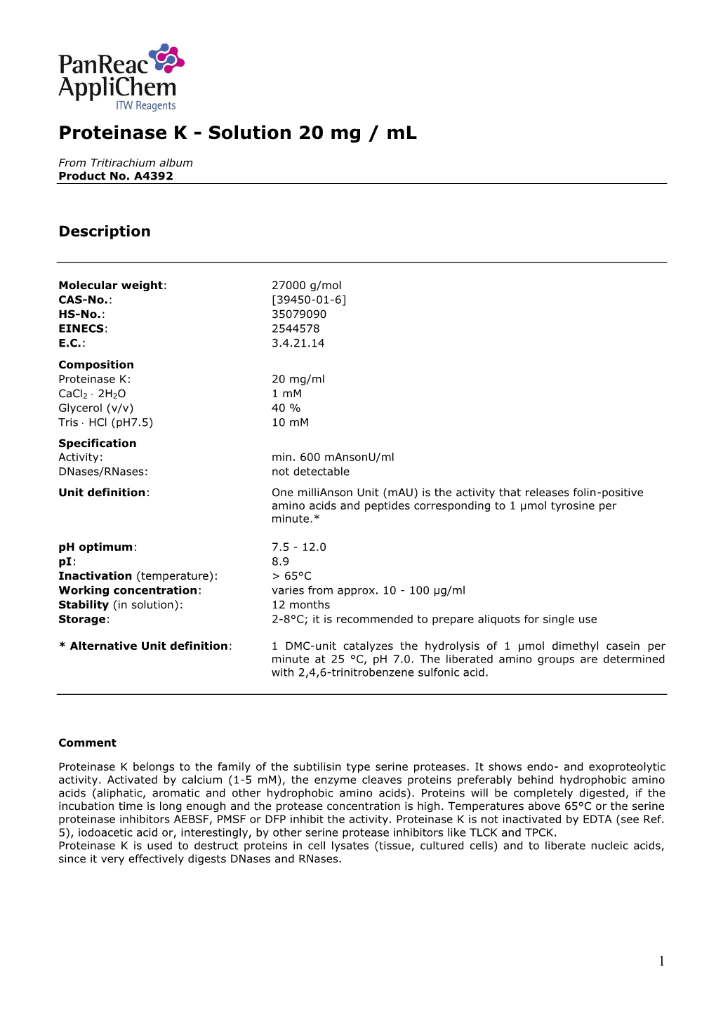 Proteinase K - Solution 20 Mg / Ml