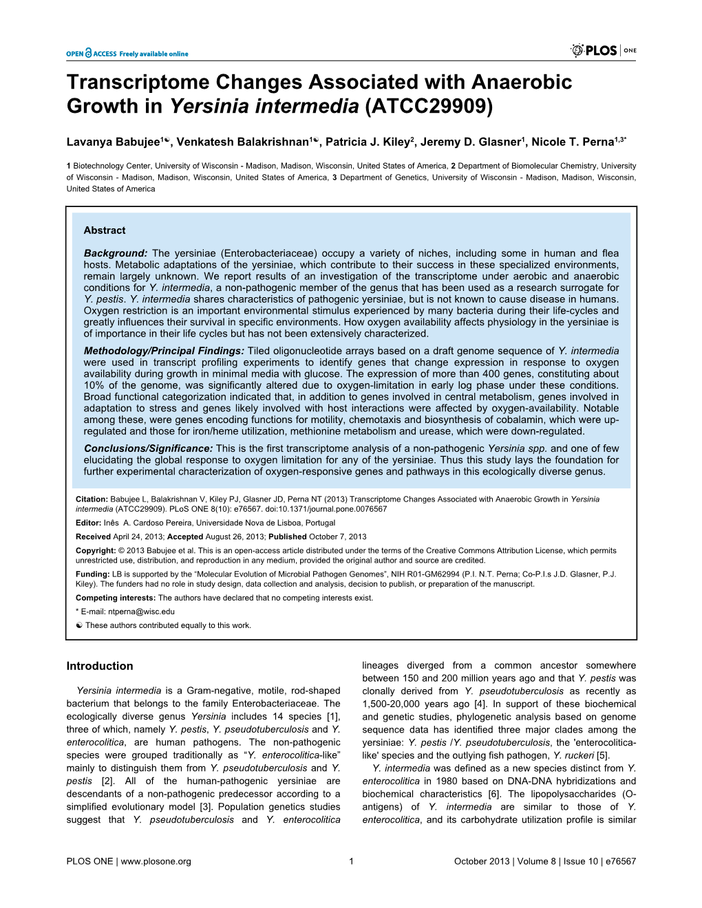 Transcriptome Changes Associated with Anaerobic Growth in Yersinia Intermedia (ATCC29909)