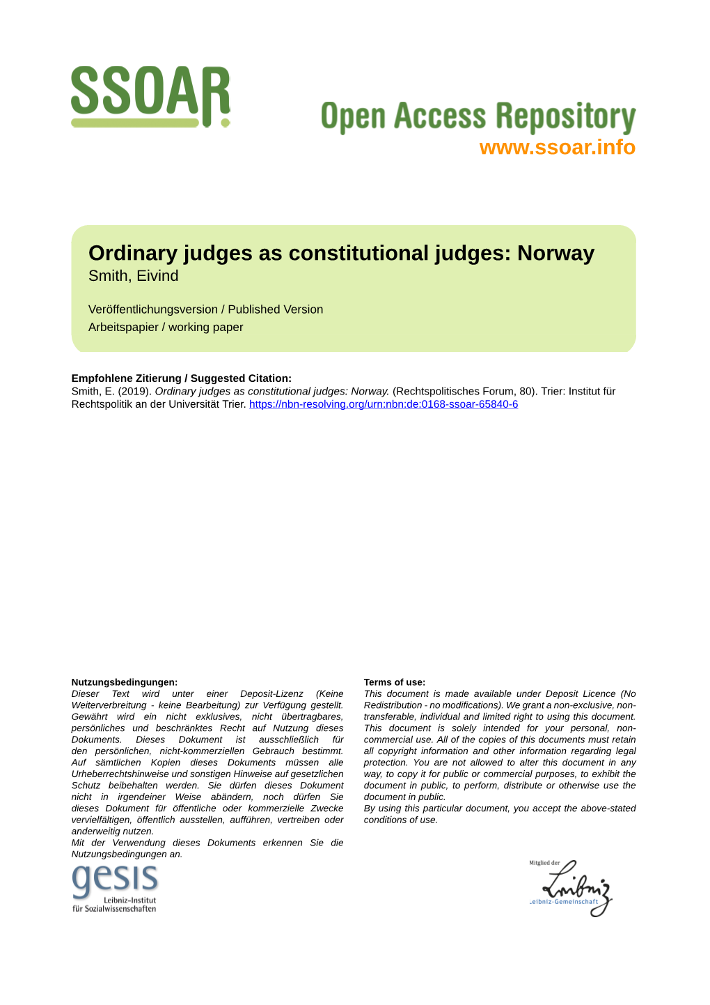 Ordinary Judges As Constitutional Judges: Norway Smith, Eivind