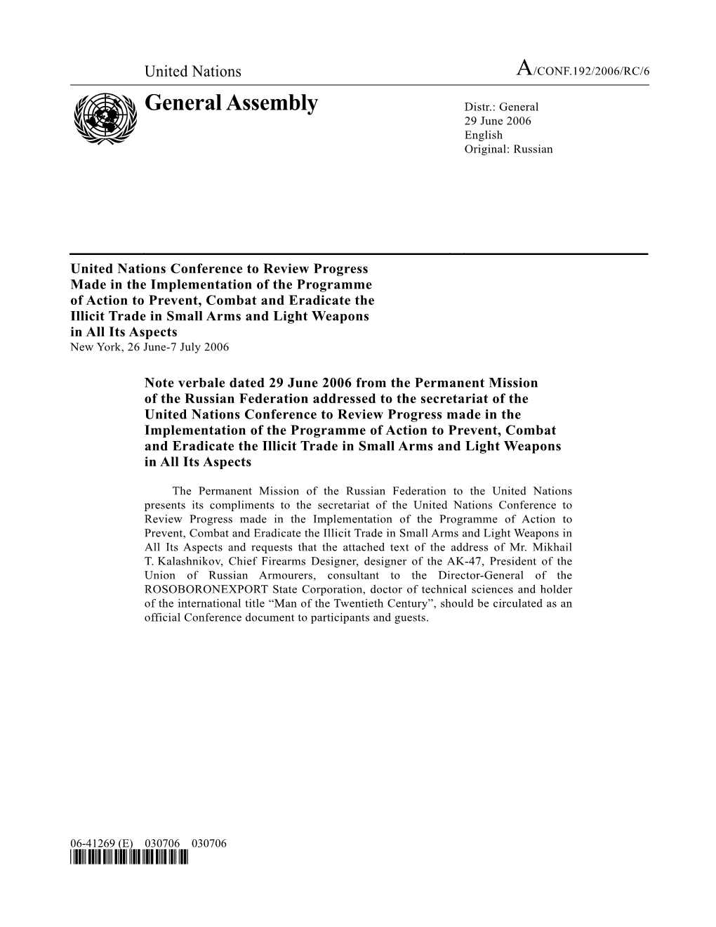 General Assembly Distr.: General 29 June 2006 English Original: Russian