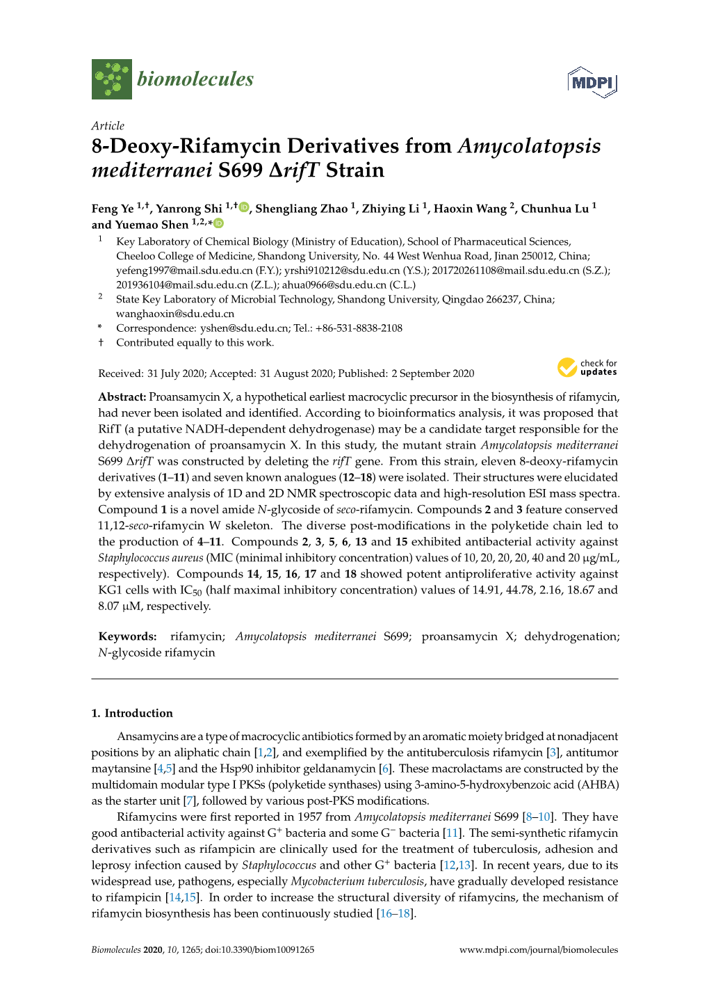 8-Deoxy-Rifamycin Derivatives from Amycolatopsis Mediterranei S699 ∆Rift Strain