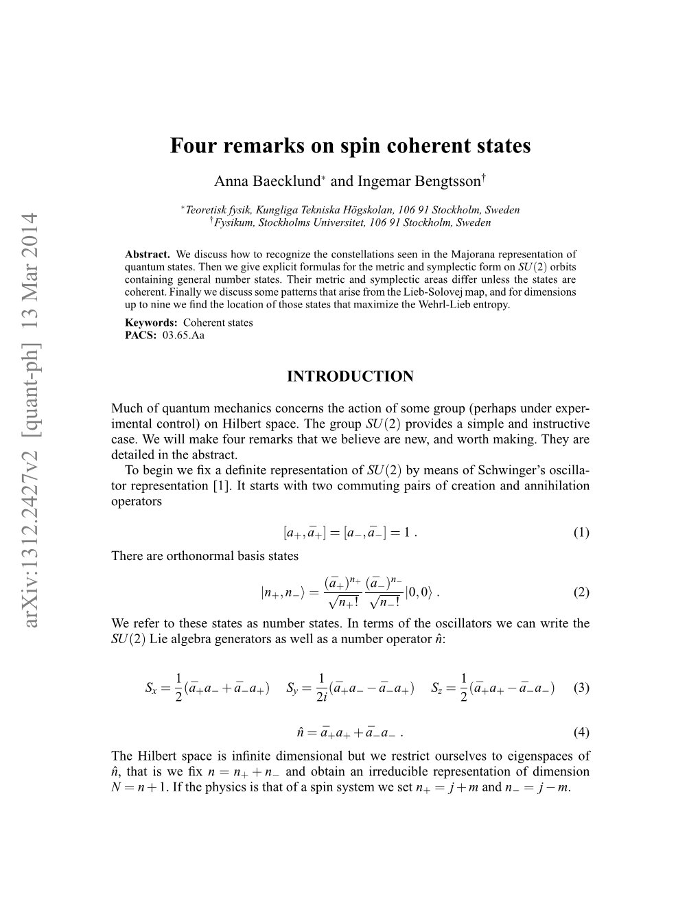 Four Remarks on Spin Coherent States