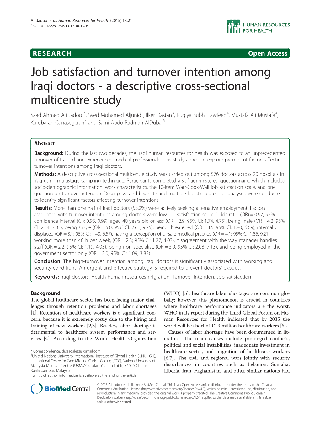 Job Satisfaction and Turnover Intention Among Iraqi Doctors