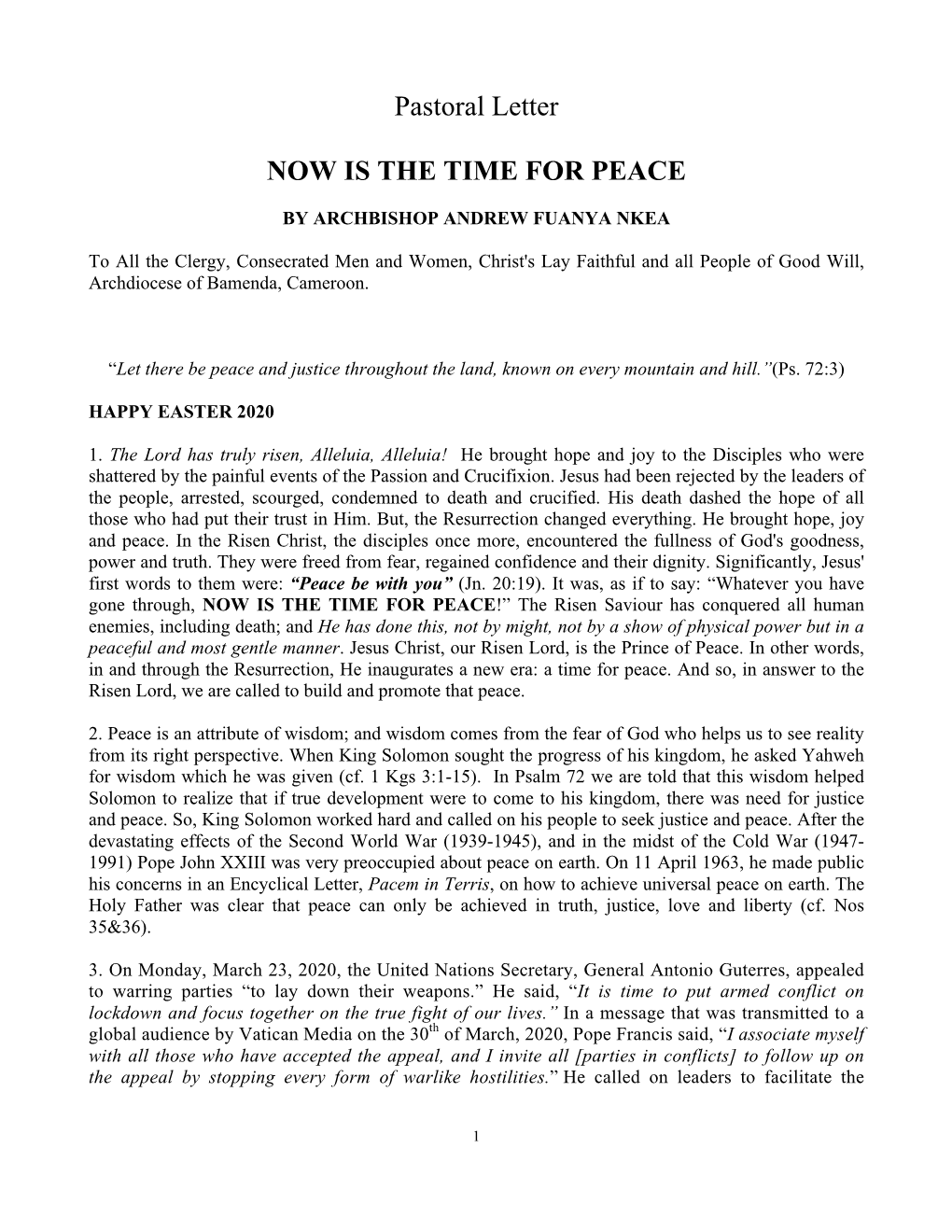 Pastoral Letter NOW IS the TIME for PEACE