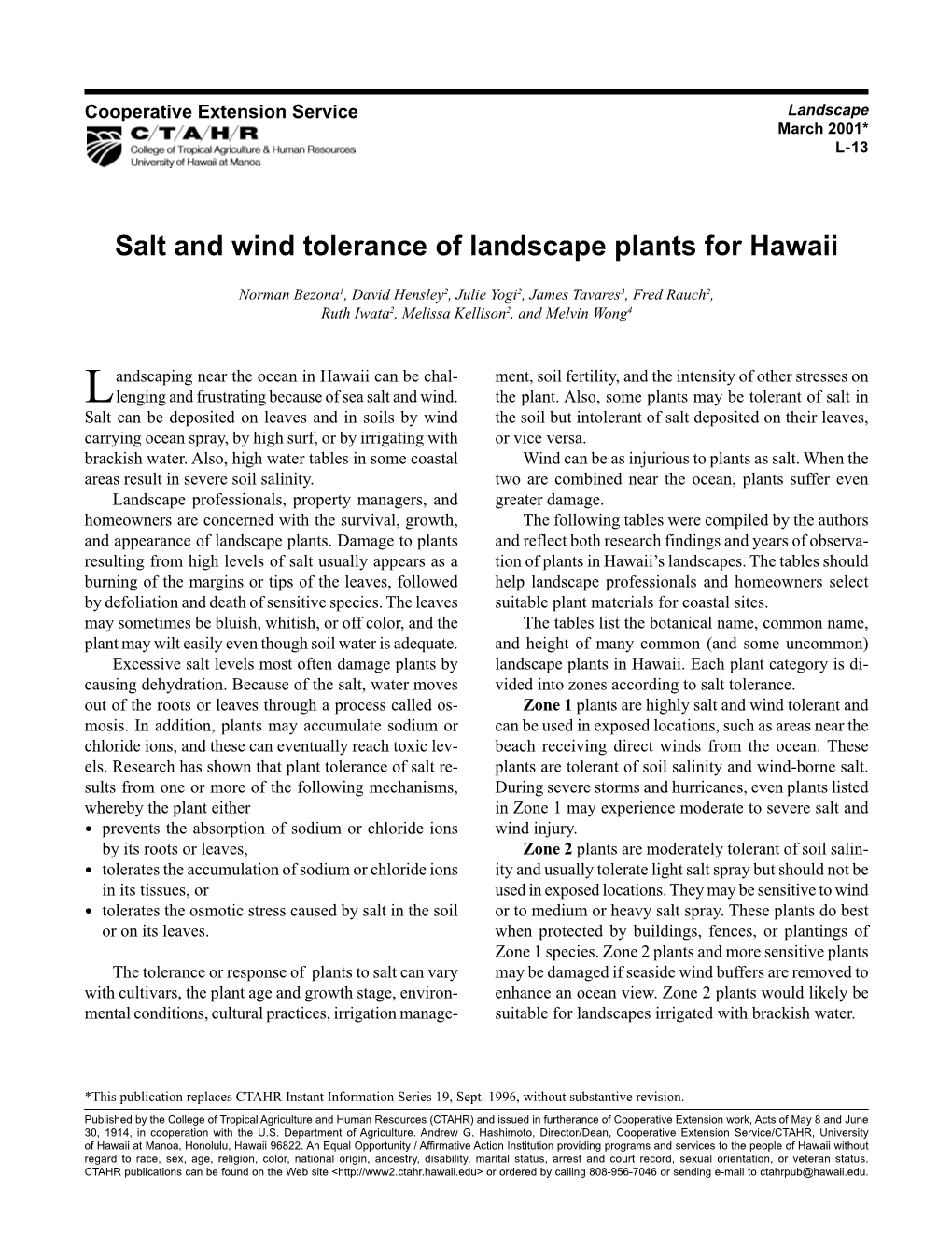 Salt and Wind Tolerance of Landscape Plants for Hawai`I