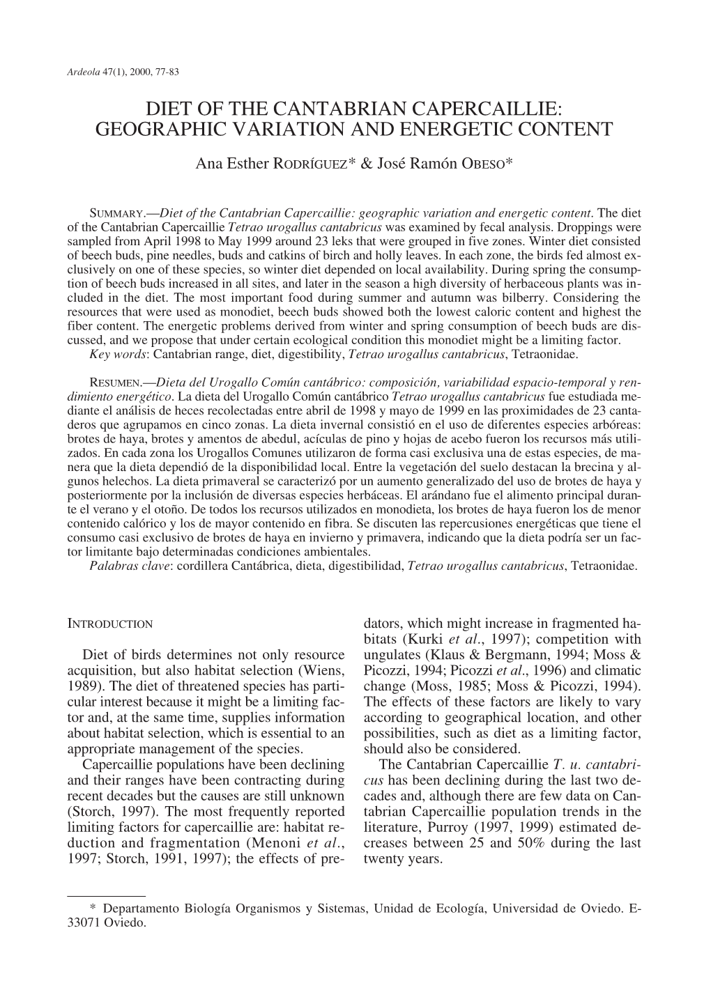 Diet of the Cantabrian Capercaillie: Geographic Variation and Energetic Content