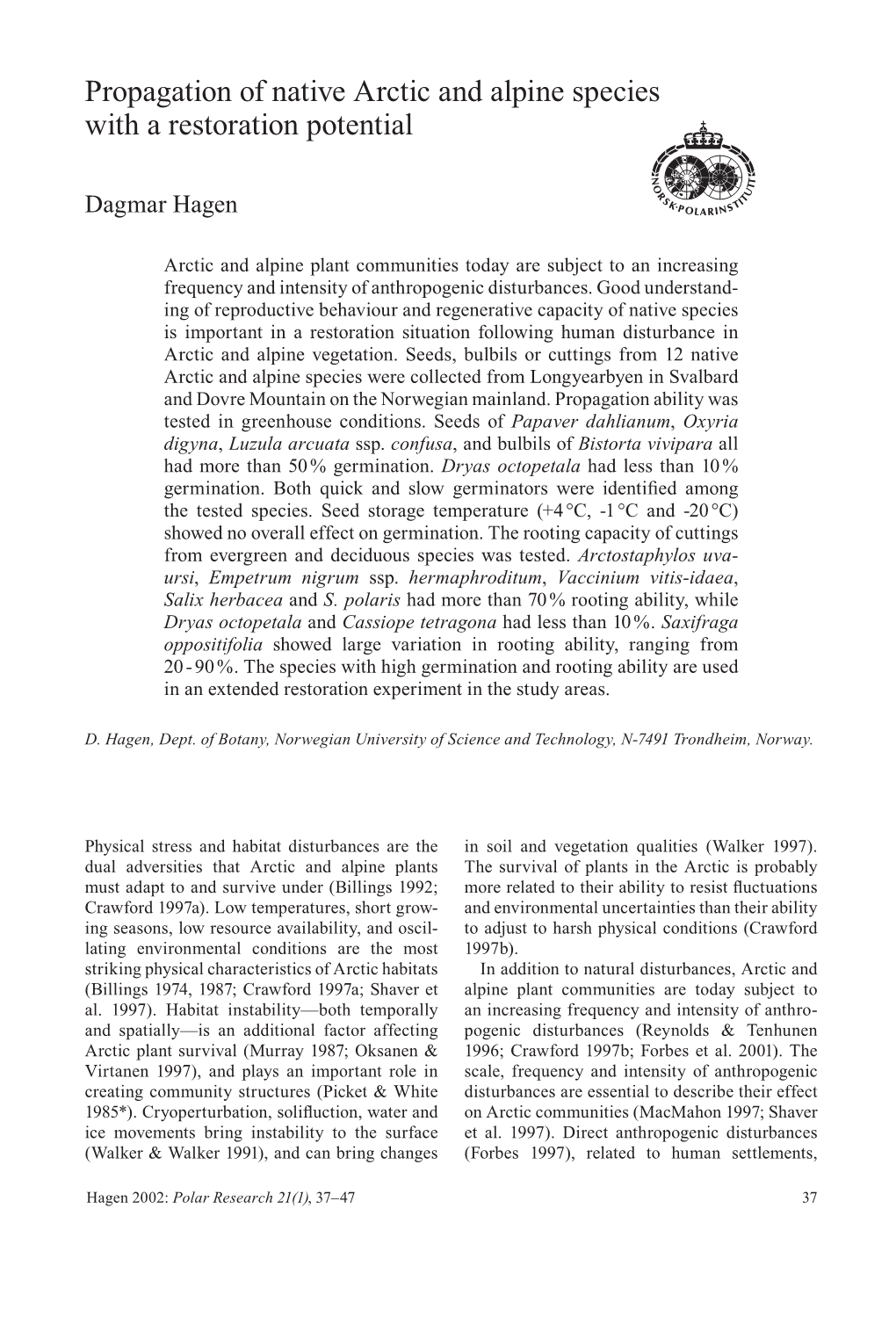 Propagation of Native Arctic and Alpine Species with a Restoration Potential