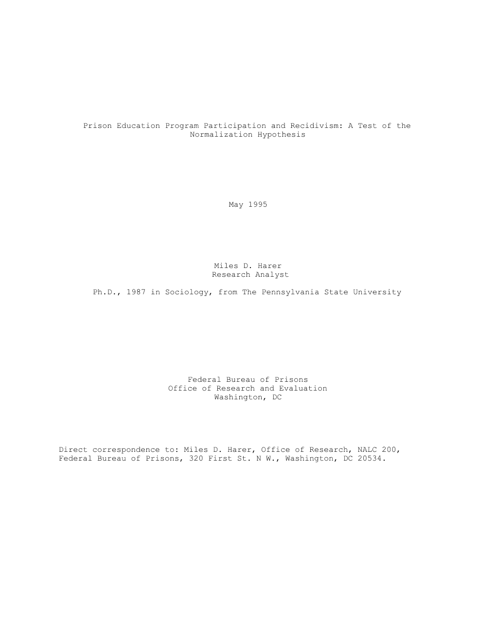 Prison Education Program Participation and Recidivism: a Test of the Normalization Hypothesis