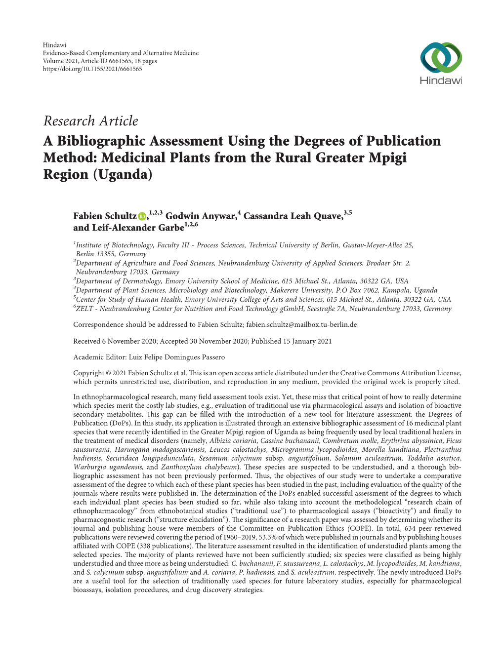 A Bibliographic Assessment Using the Degrees of Publication Method: Medicinal Plants from the Rural Greater Mpigi Region (Uganda)
