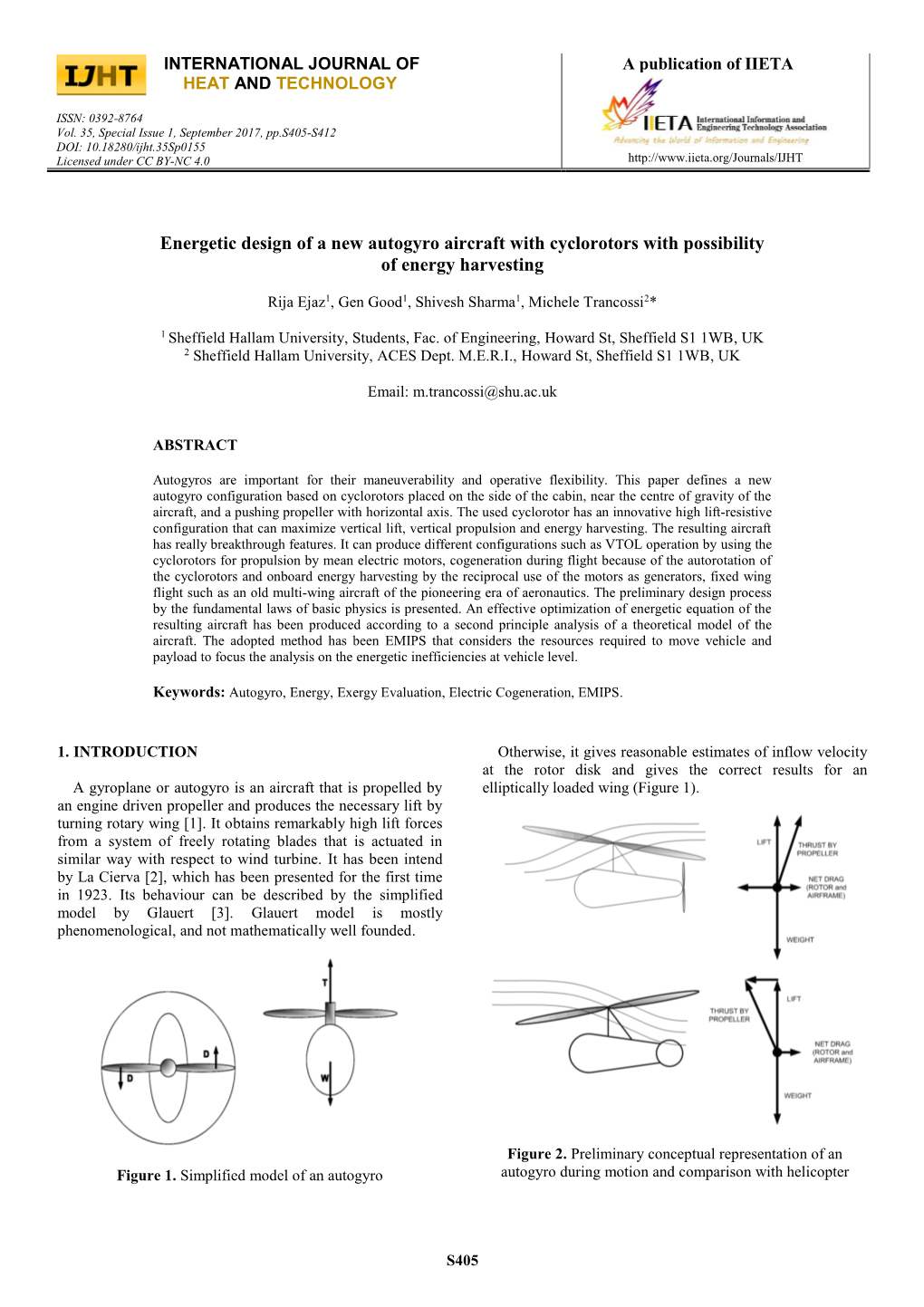 Energetic Design of a New Autogyro Aircraft with Cyclorotors with Possibility of Energy Harvesting