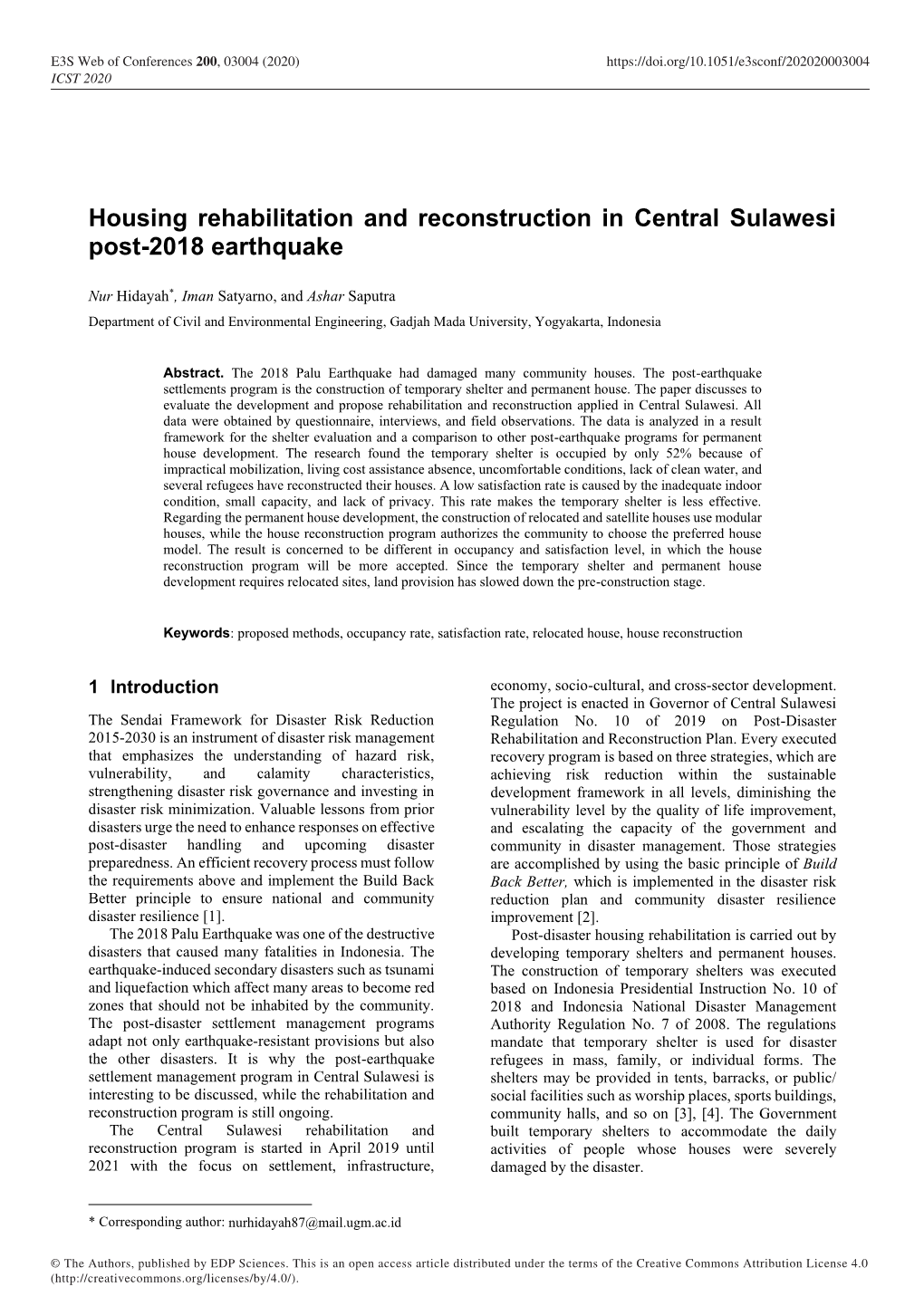 Housing Rehabilitation and Reconstruction in Central Sulawesi Post-2018 Earthquake