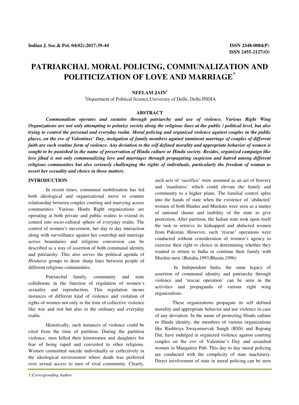 Patriarchal Moral Policing, Communalization and Politicization of Love and Marriage*