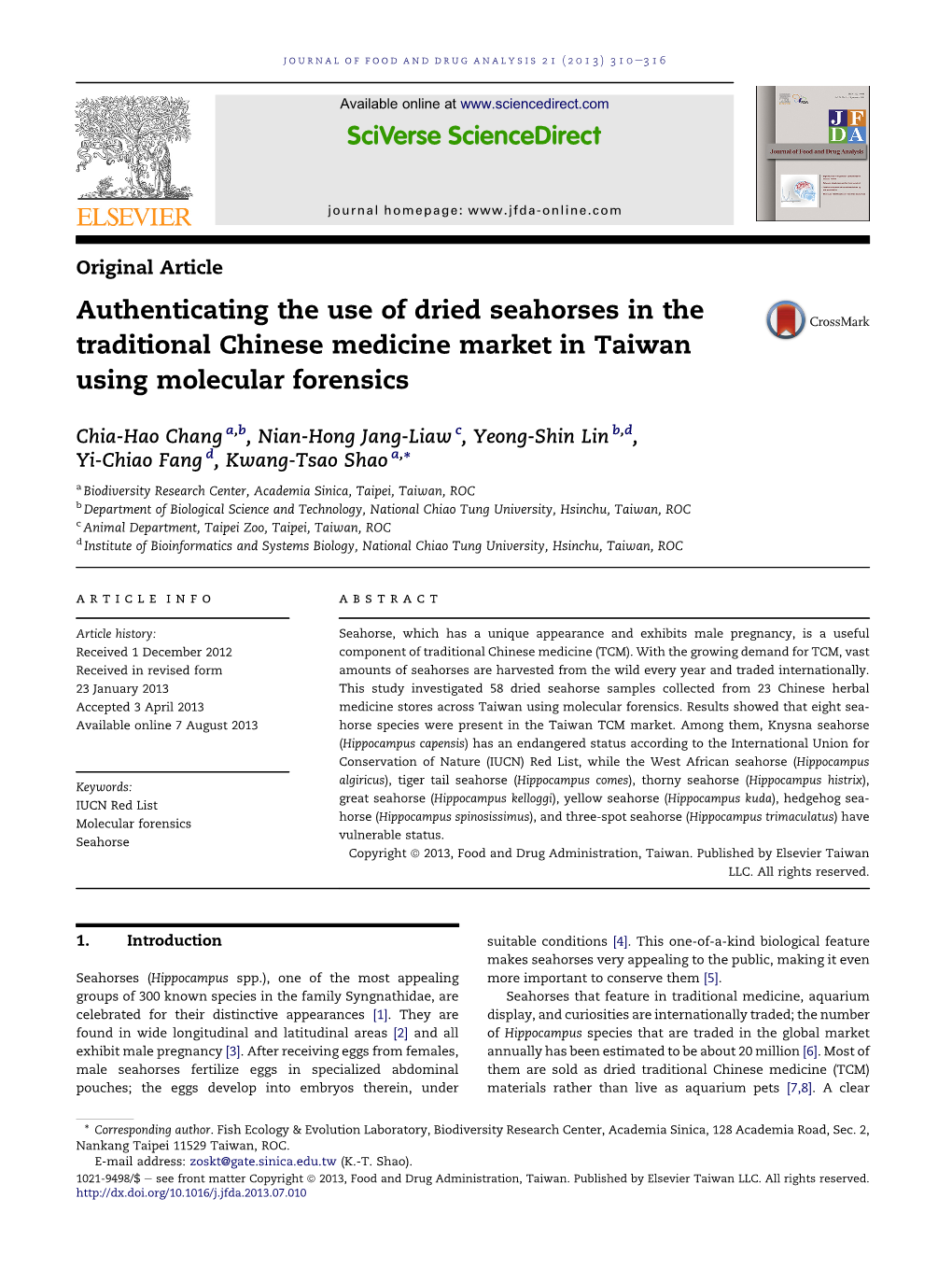 Authenticating the Use of Dried Seahorses in the Traditional Chinese Medicine Market in Taiwan Using Molecular Forensics