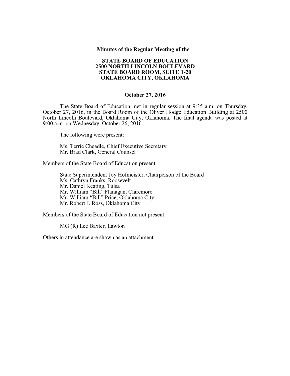 Minutes of the Regular Meeting of the STATE BOARD of EDUCATION