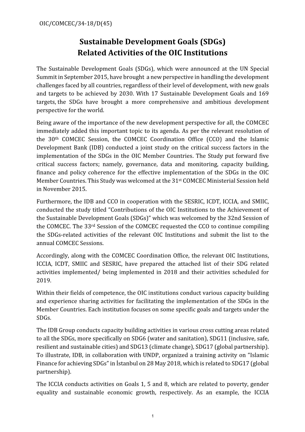 Sustainable Development Goals (Sdgs) Related Activities of the OIC Institutions