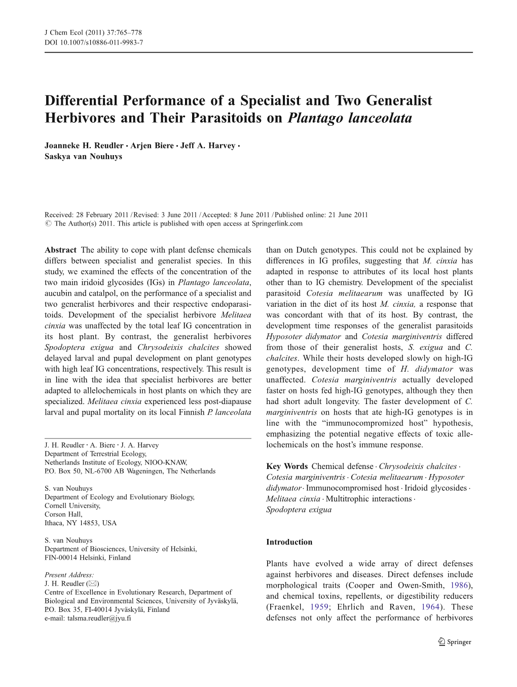 Differential Performance of a Specialist and Two Generalist Herbivores and Their Parasitoids on Plantago Lanceolata