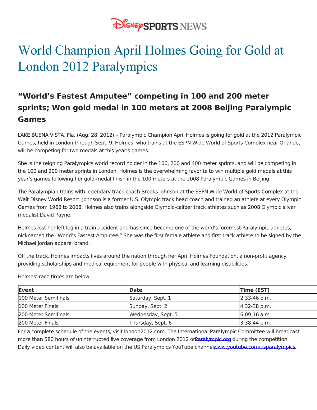 World Champion April Holmes Going for Gold at London 2012 Paralympics