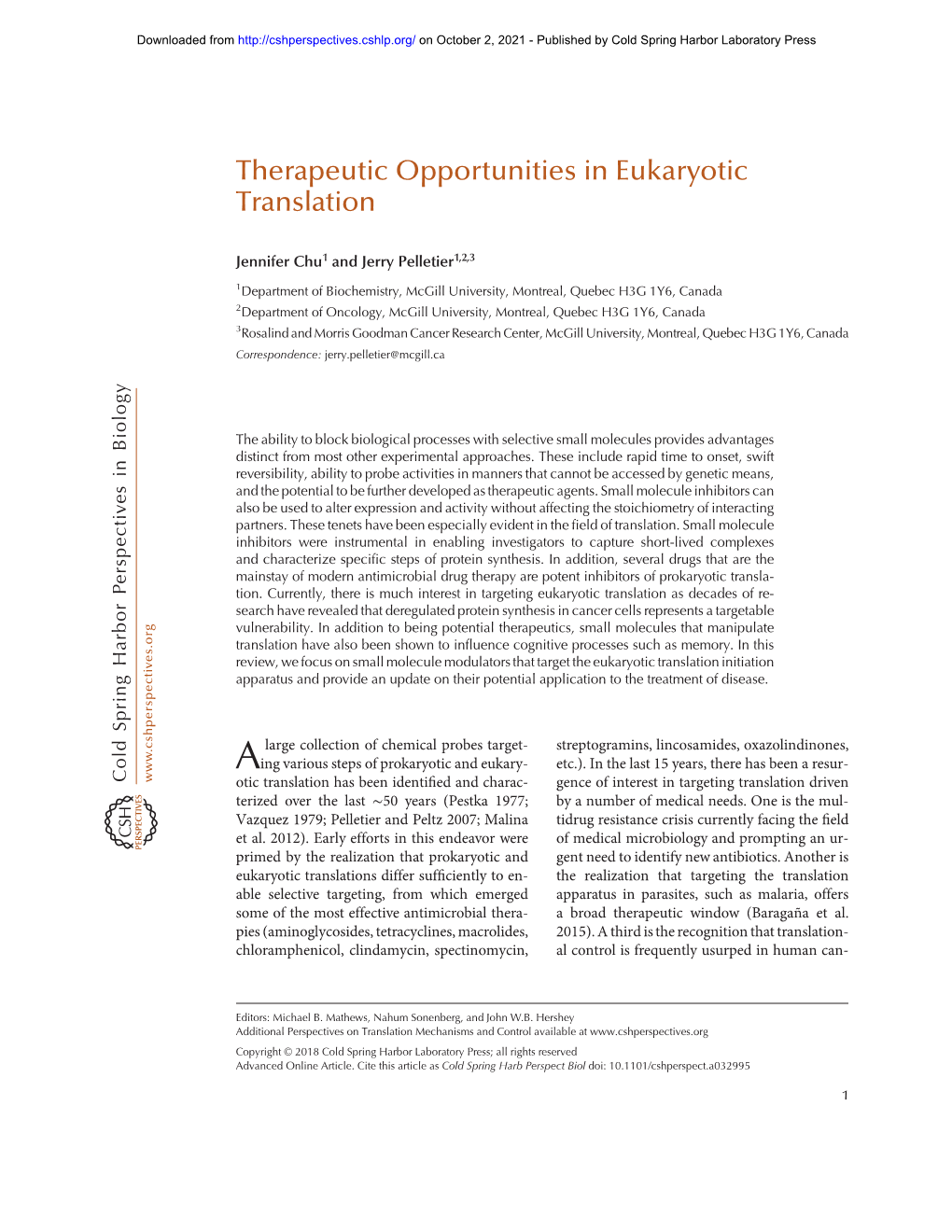 Therapeutic Opportunities in Eukaryotic Translation