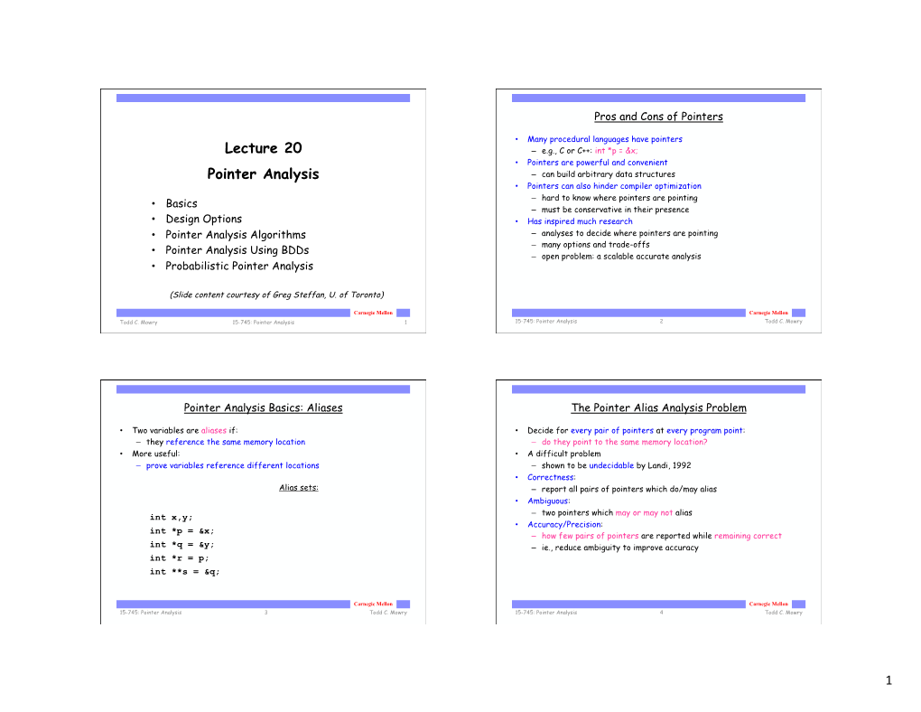 1 Lecture 20 Pointer Analysis