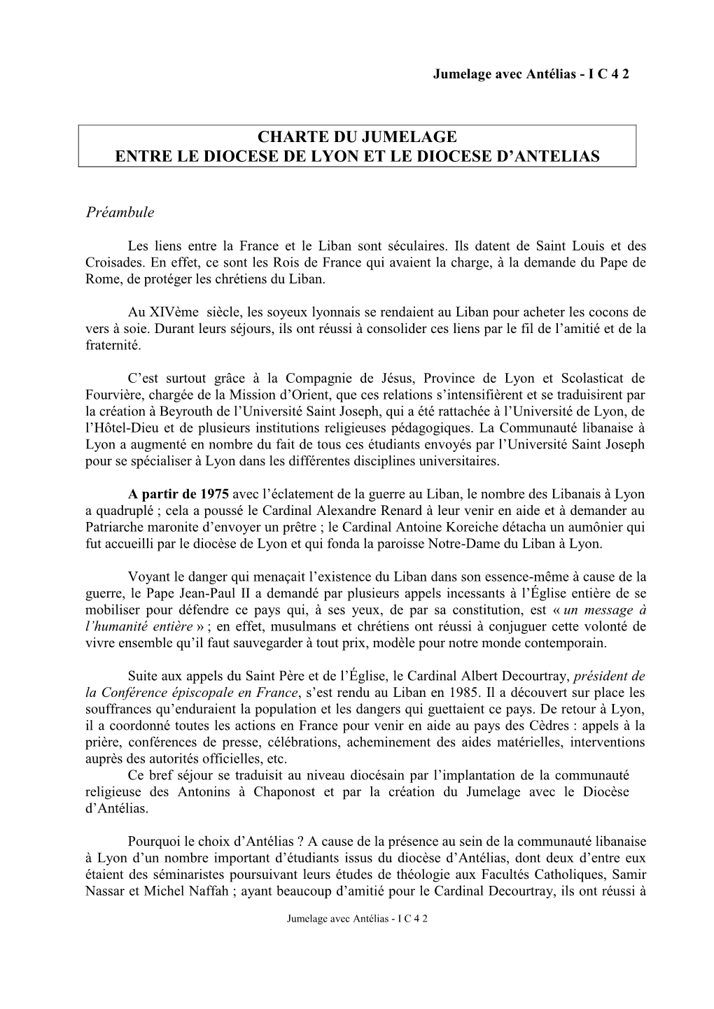 Charte Du Jumelage Entre Le Diocese De Lyon Et Le Diocese D’Antelias