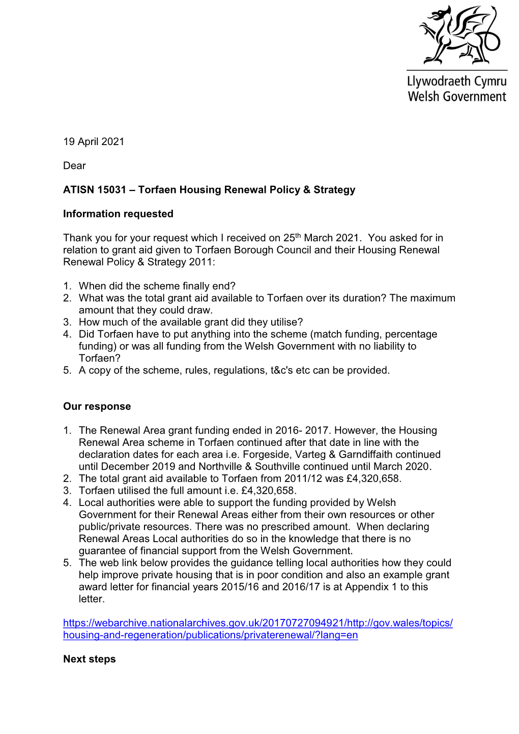 19 April 2021 Dear ATISN 15031 – Torfaen Housing Renewal Policy