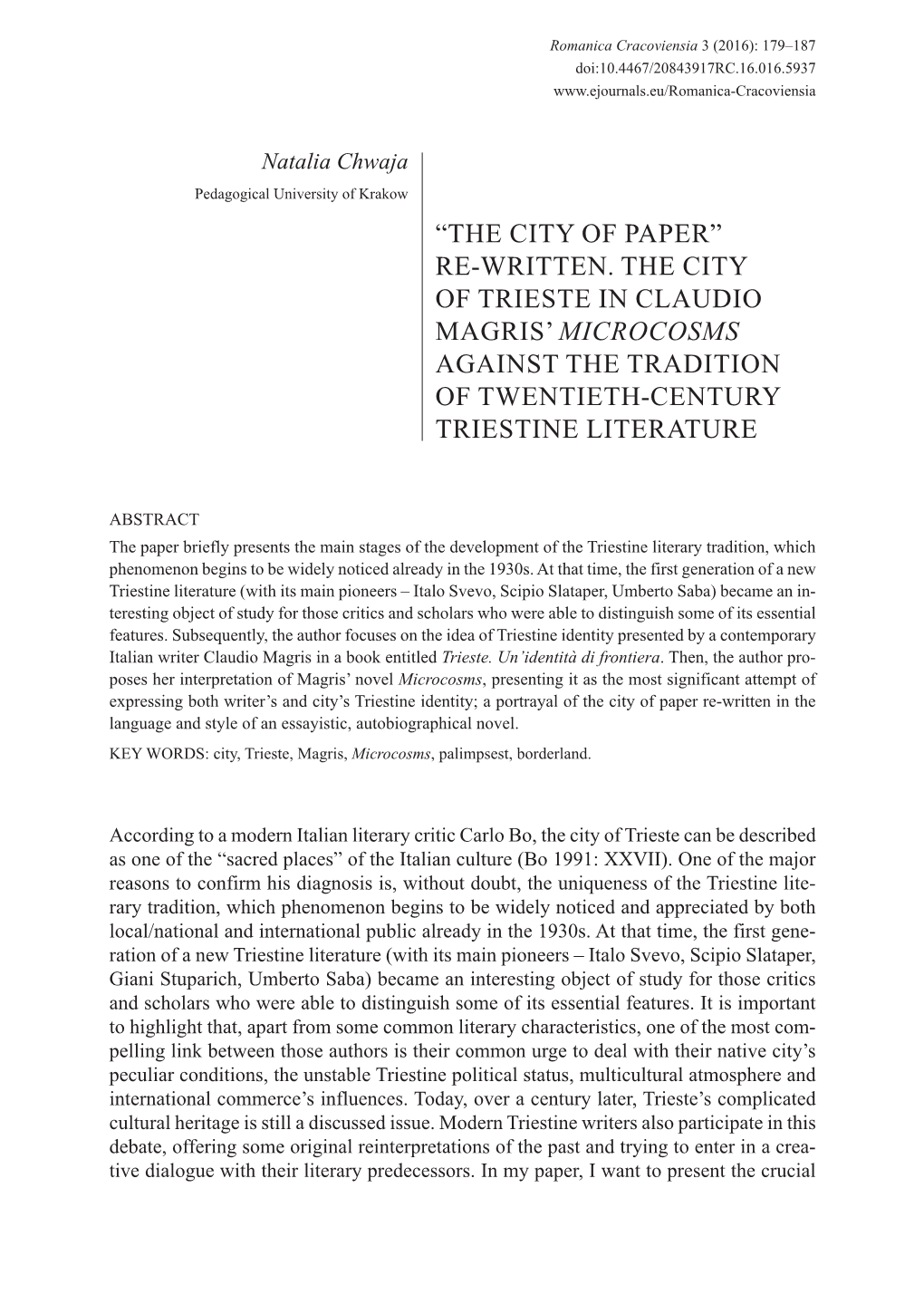 Re-Written. the City of Trieste in Claudio Magris’ Microcosms Against the Tradition of Twentieth-Century Triestine Literature