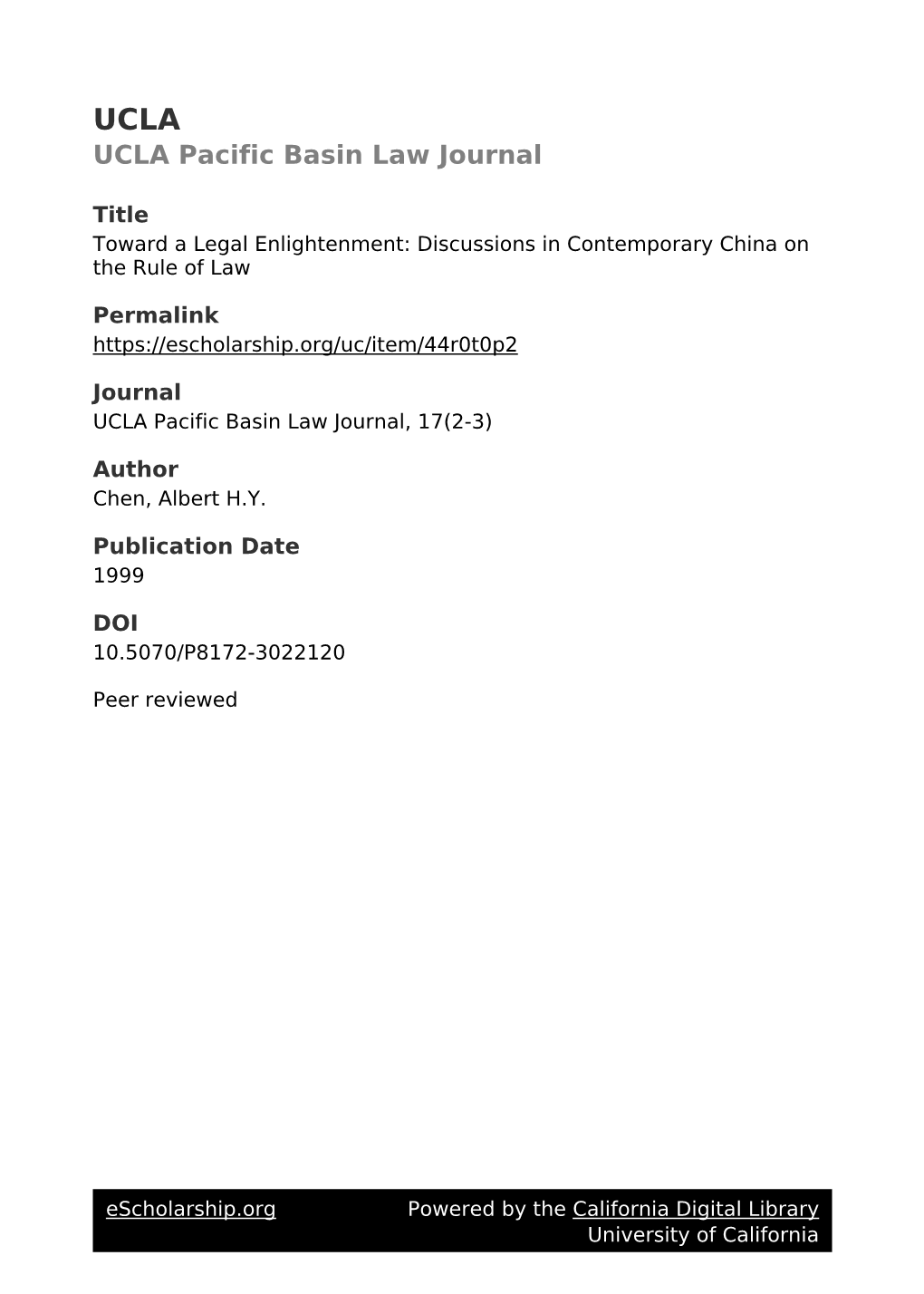 Toward a Legal Enlightenment: Discussions in Contemporary China on the Rule of Law