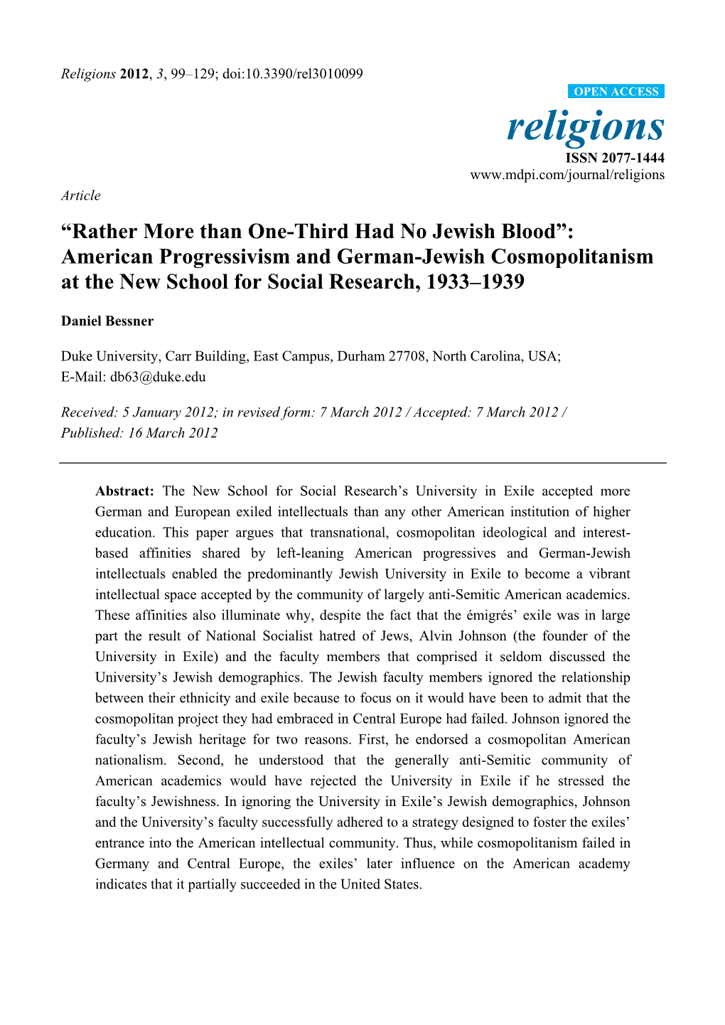 American Progressivism and German-Jewish Cosmopolitanism at the New School for Social Research, 1933–1939