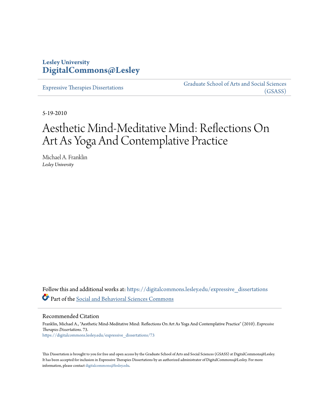 Reflections on Art As Yoga and Contemplative Practice Michael A