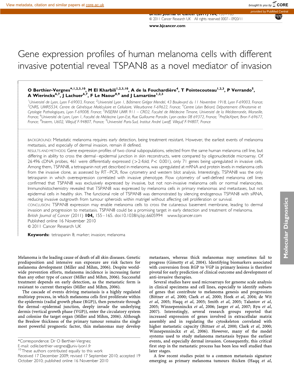 Gene Expression Profiles of Human Melanoma Cells with Different Invasive Potential Reveal TSPAN8 As a Novel Mediator of Invasion