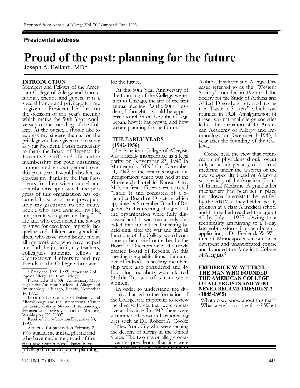 Proud of the Past: Planning for the Future Joseph A