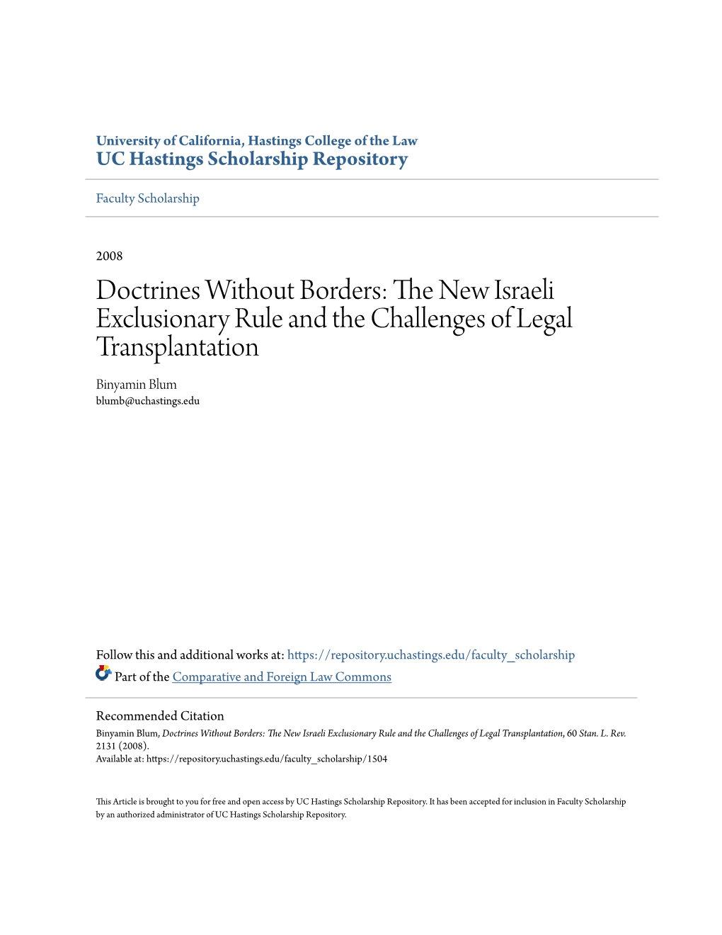 The New Israeli Exclusionary Rule and the Challenges of Legal Transplantation, 60 Stan