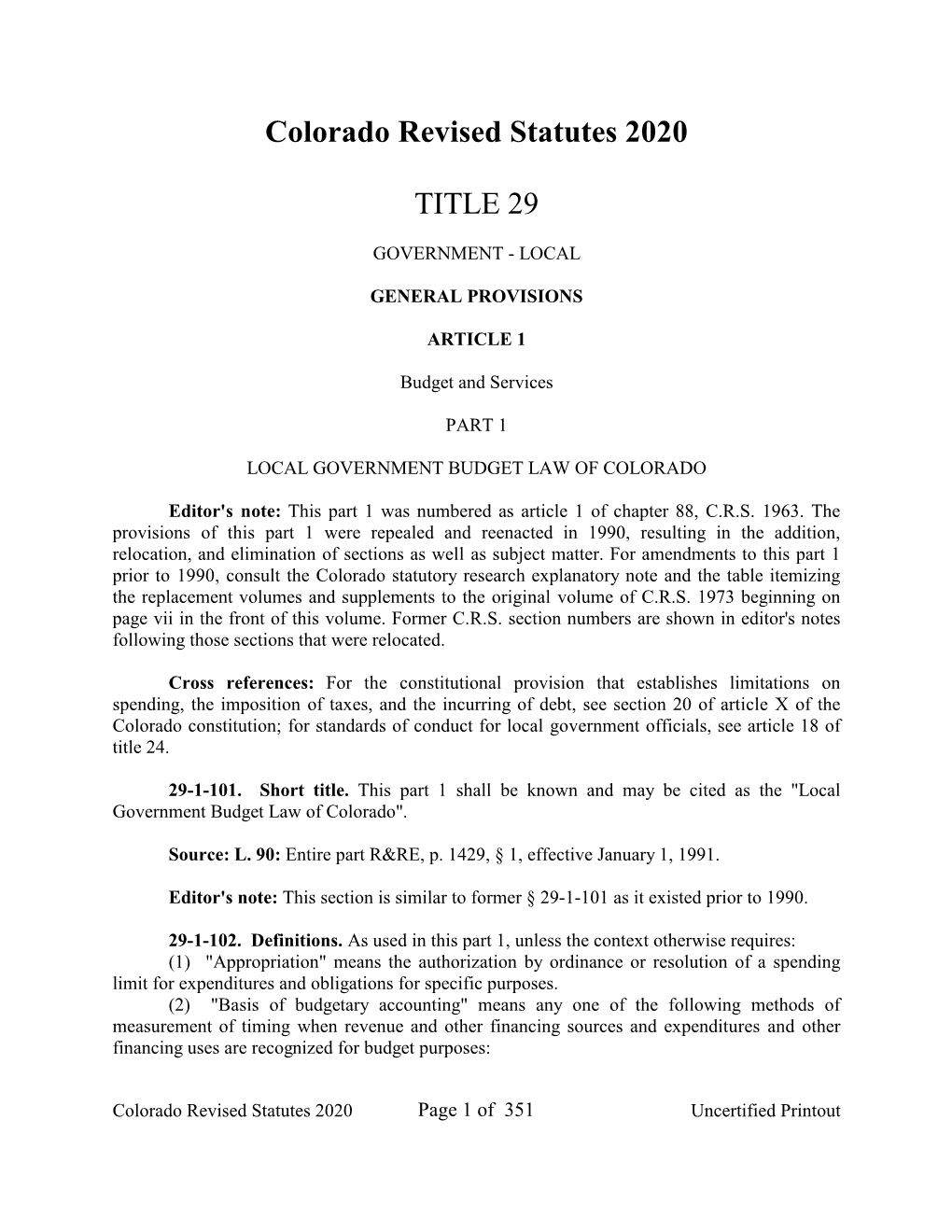 Colorado Revised Statutes 2020 TITLE 29