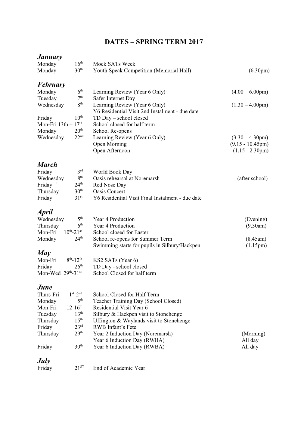 Dates Spring Term 2017