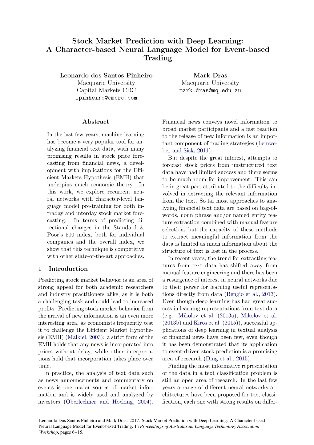 Stock Market Prediction with Deep Learning: a Character-Based Neural Language Model for Event-Based Trading