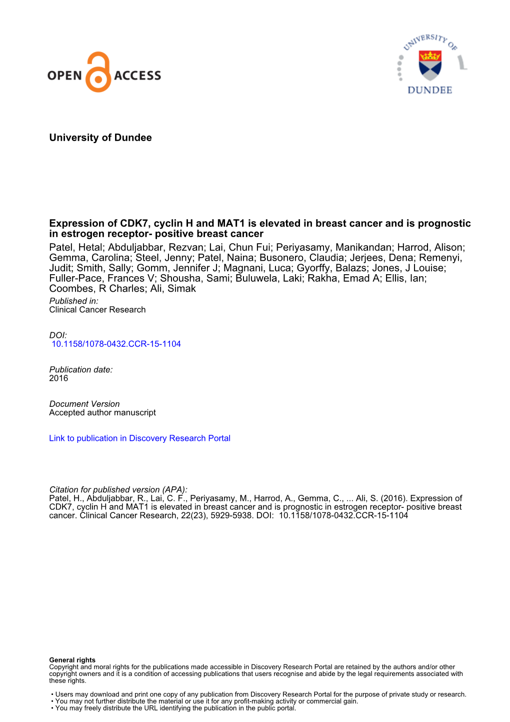 University of Dundee Expression of CDK7, Cyclin H and MAT1 Is Elevated in Breast Cancer and Is Prognostic in Estrogen Receptor