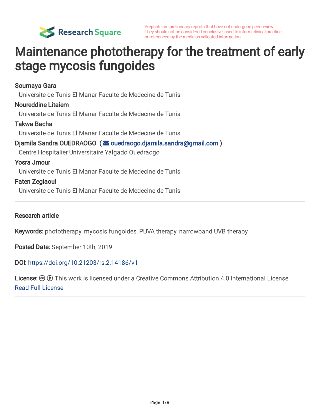 Maintenance Phototherapy for the Treatment of Early Stage Mycosis Fungoides