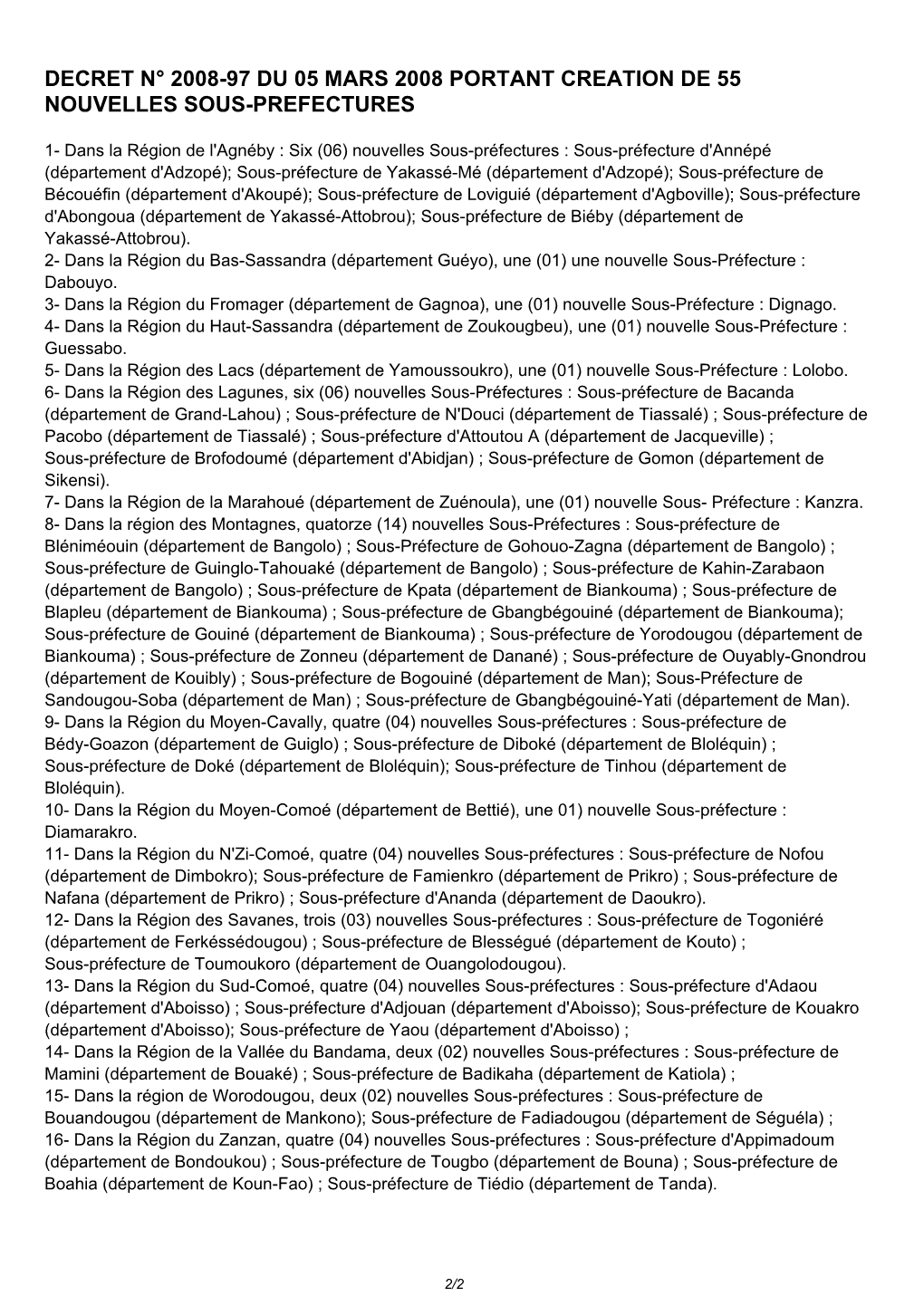 Decret N° 2008-97 Du 05 Mars 2008 Portant Creation De 55 Nouvelles Sous-Prefectures