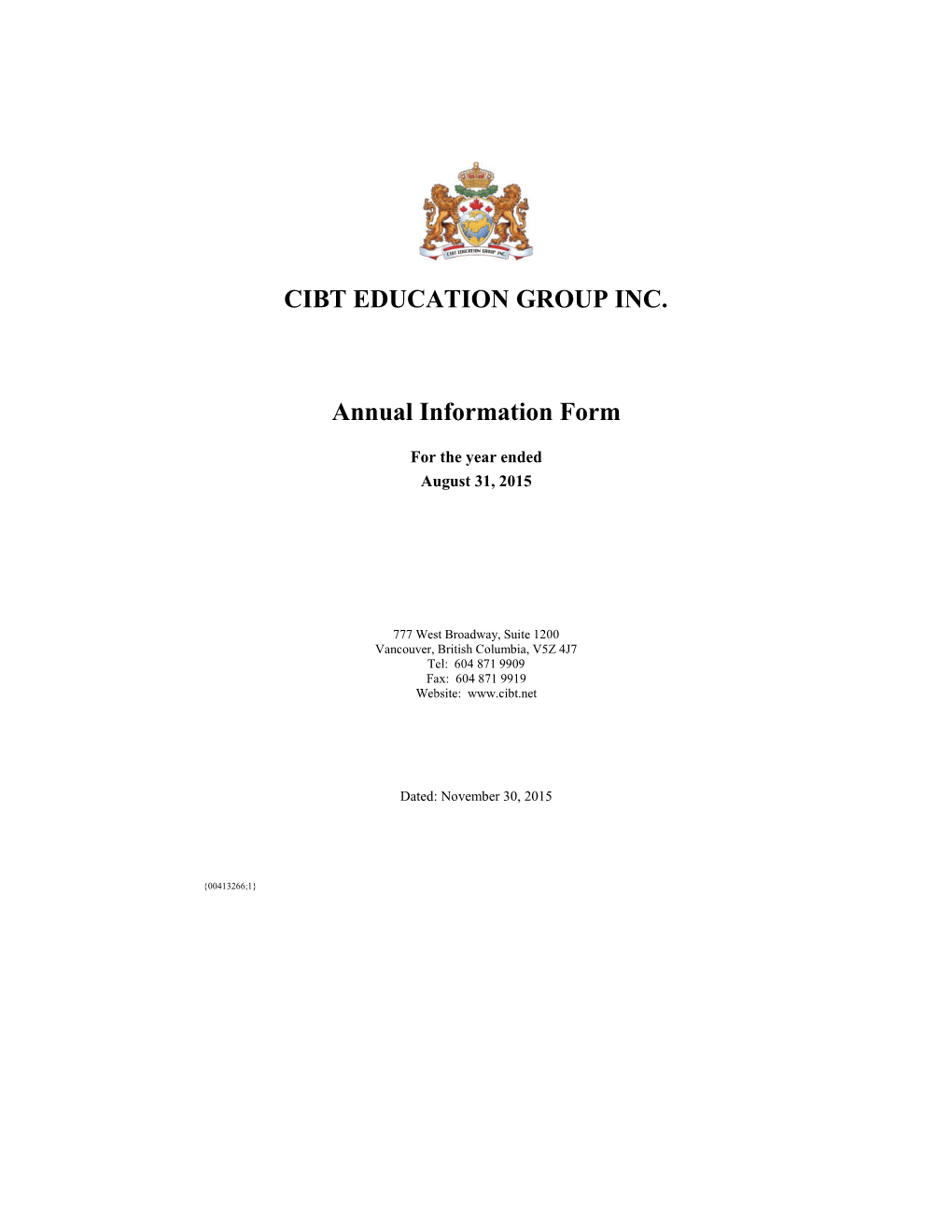 CIBT EDUCATION GROUP INC. Annual Information Form