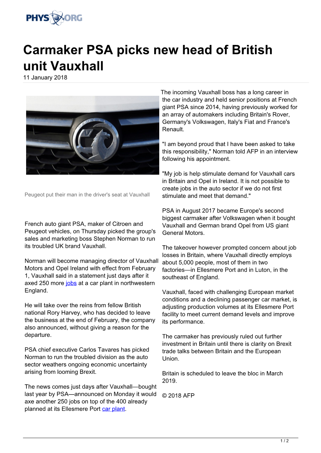 Carmaker PSA Picks New Head of British Unit Vauxhall 11 January 2018