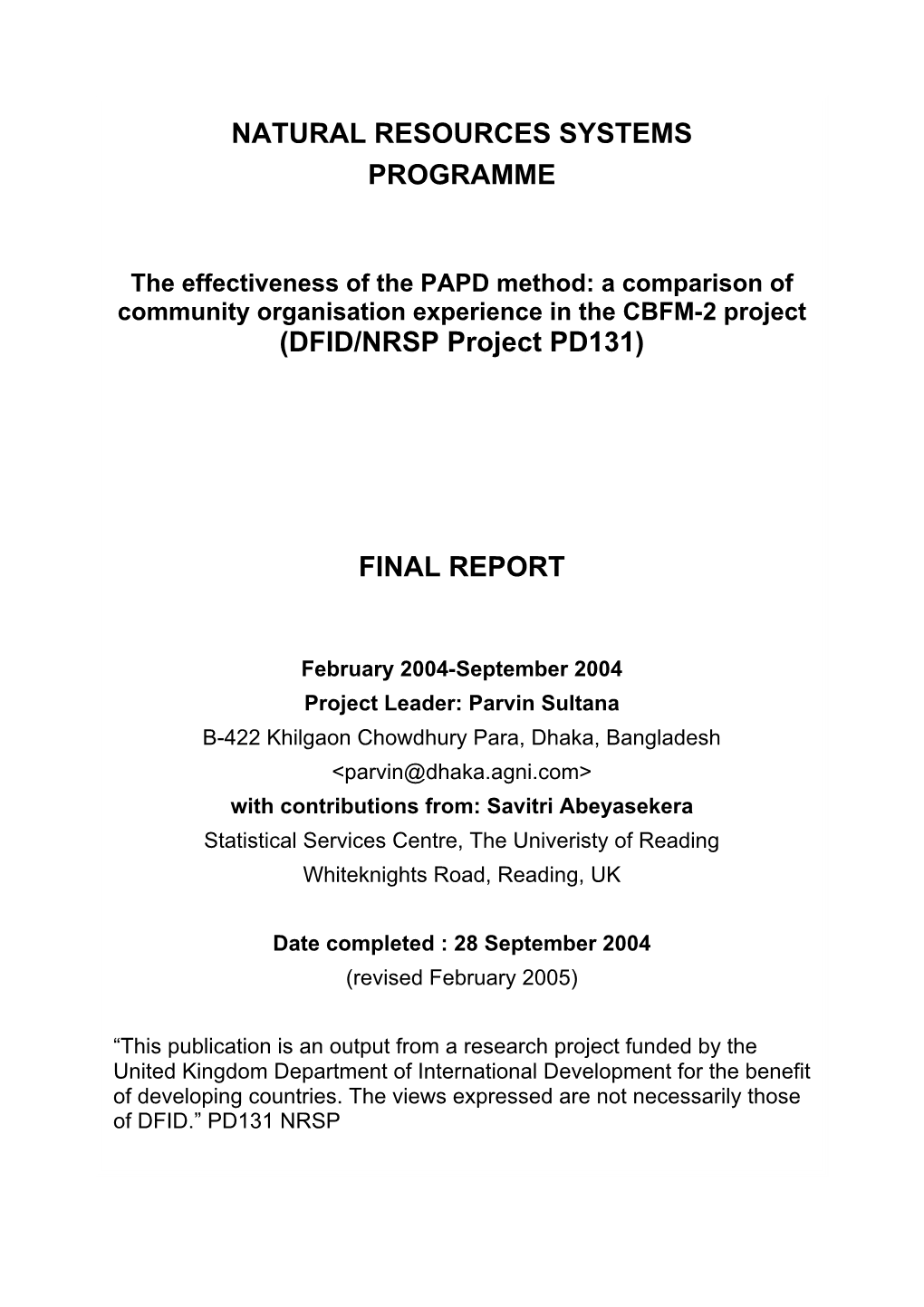 DFID/NRSP Project PD131)
